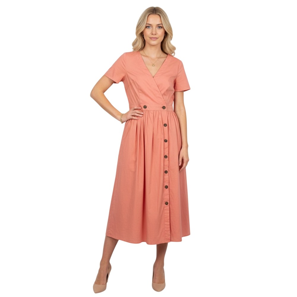 J.Crew Factory Peach Cottagecore Sz2 Button Front Dress Short Sleeves 98% Cotton
